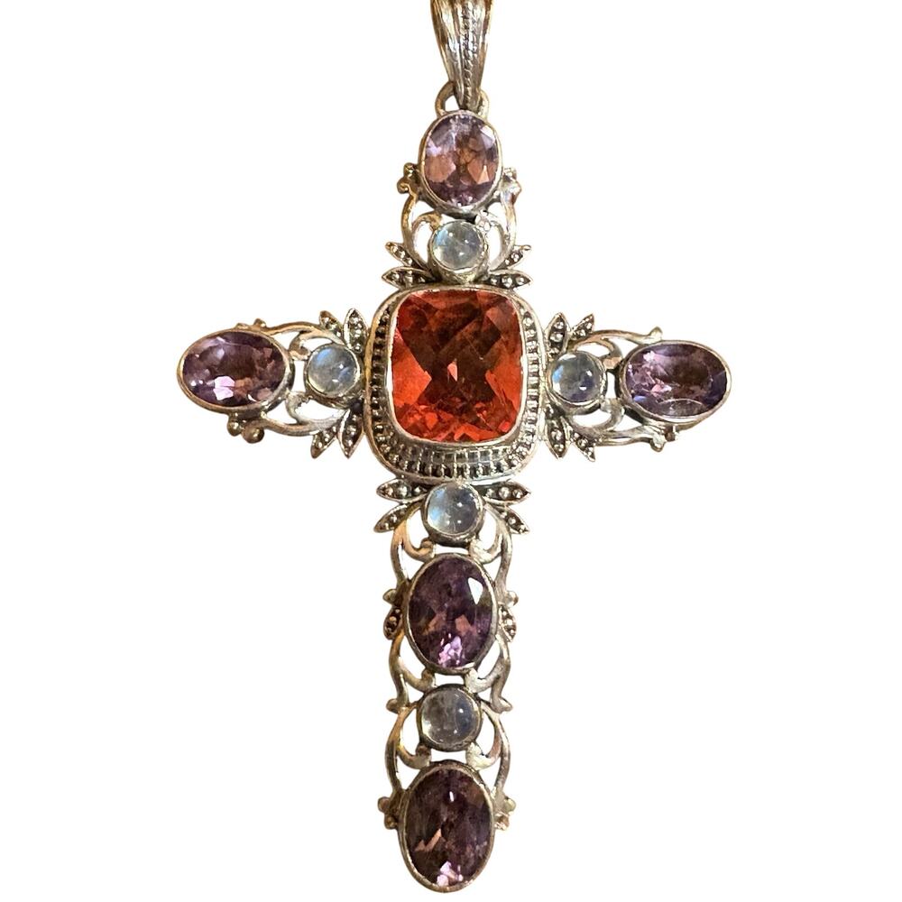 Nicky Butler Cross Pendant Sterling Silver, Quartz, Amethyst & Moonstone